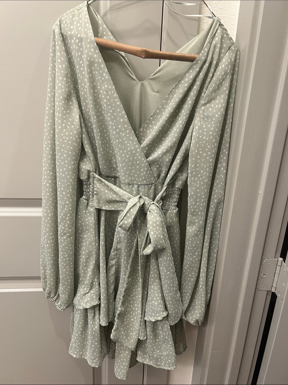 Sage Green Polka Dot Wrap Dress with Tie Waist